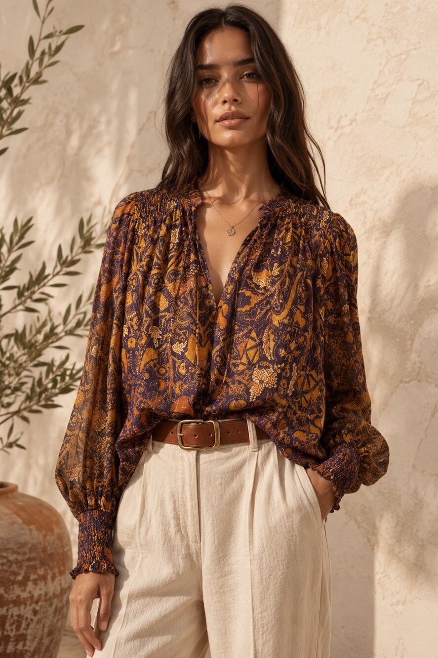 Ulla Johnson Ida Smocked Celestial Print Metallic Oversized Blouse Size M NWOT